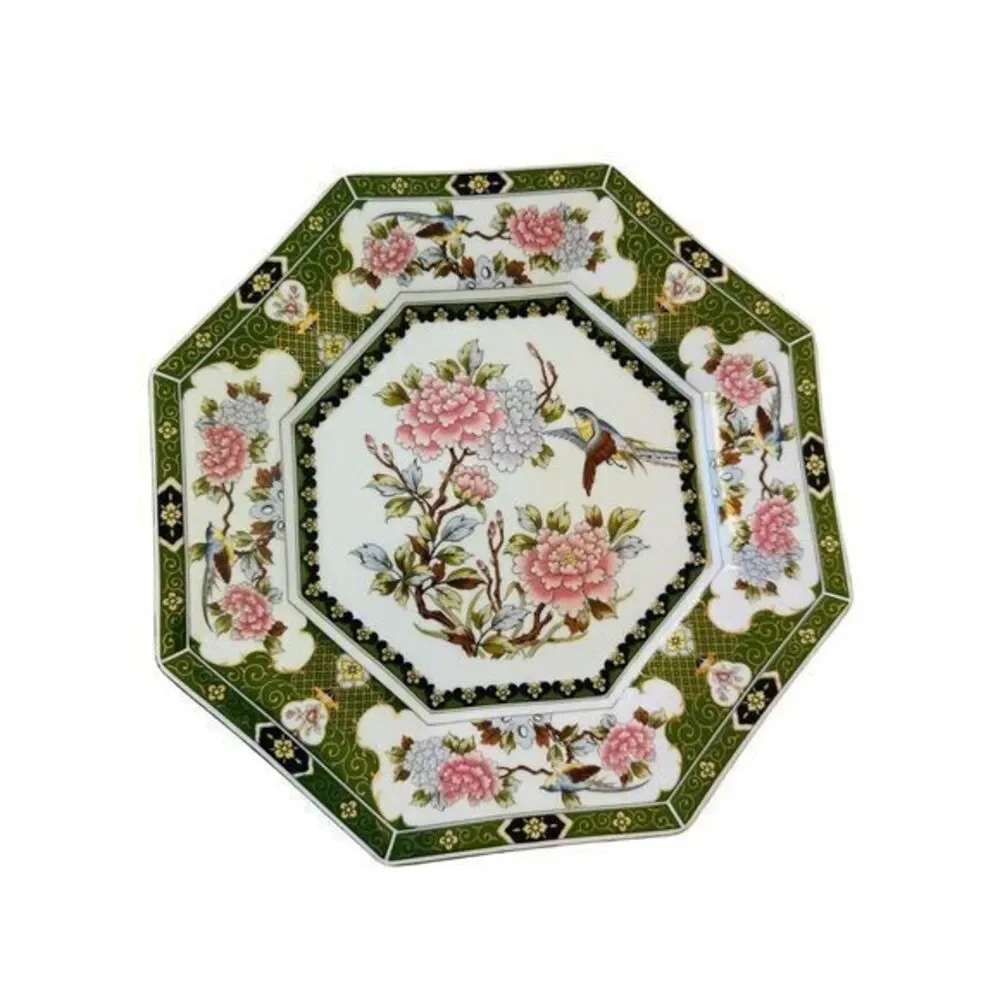 Vintage Octagon‎ Green Dinner Plate Peonies Bird AA Importing Co Made In Japan